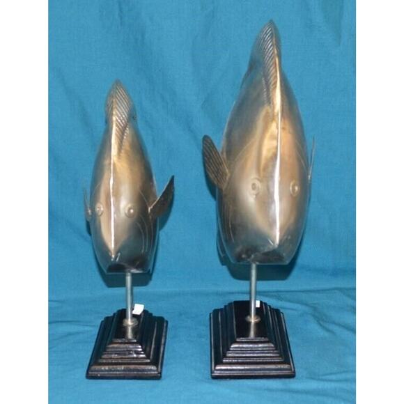 2 Pc Metal /Wood Fish Decor Large Modern Bookshelf Decor Beach Silver Nautical - Picture 5 of 7